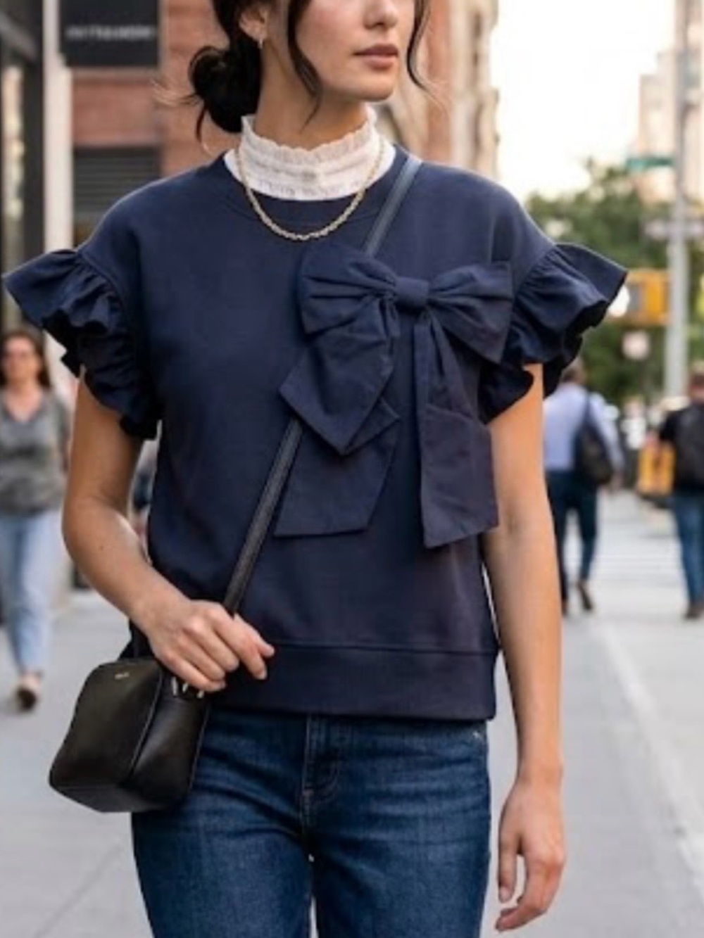 Voy ribbon bow ruffle-sleeve top oversized bow detail navy cotton small